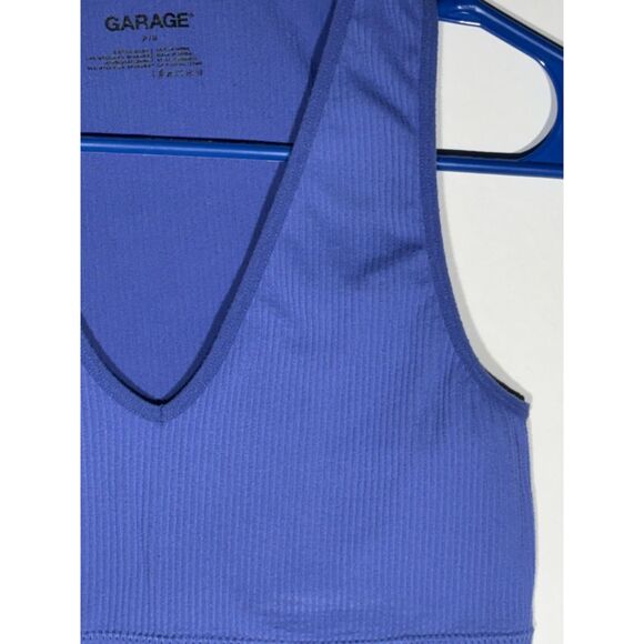 Garage Blue Ribbed V Neck Cropped Tank Top Size P/S Stretch Knit Bralette - Picture 2 of 4